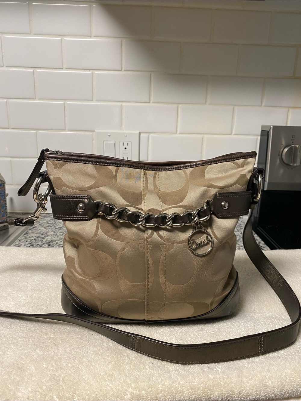 Coach Beige Khaki Signature Canvas Shoulder Bag with Dark Brown Trim